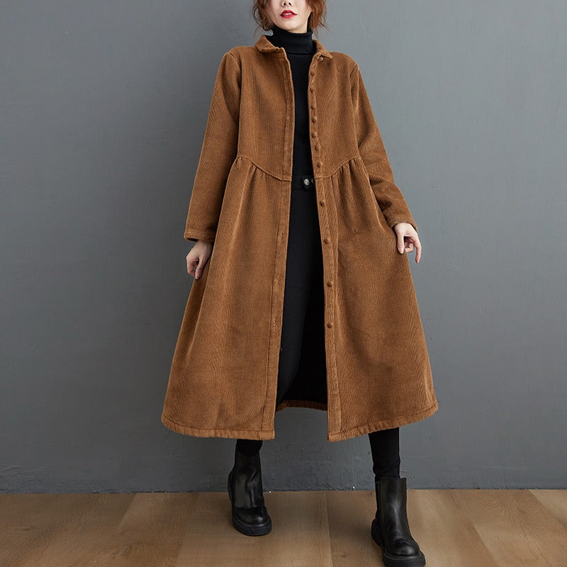 Autumn and winter new plush long sleeved retro artistic loose corduroy mid length casual coat for women