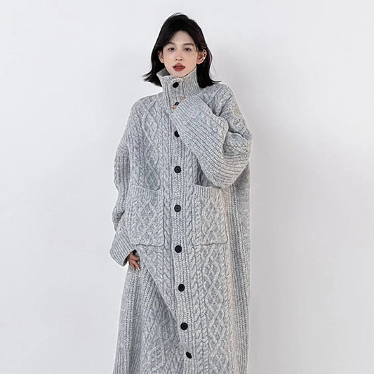 Fashion Knitted Long Sweater Coat Women Turtleneck Pockets Single Breasted Solid Clothing