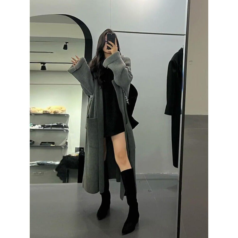 Knitting Cardigan Thicken Long Sweater Coat For Women Solid Lapel Loose Casual Vintage Clothing