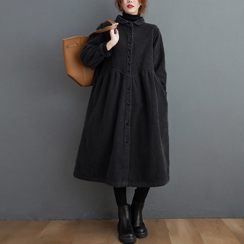 Autumn and winter new plush long sleeved retro artistic loose corduroy mid length casual coat for women